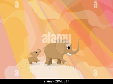 Un elefante e un bambino di elefante camminano nei raggi caldi del sole africano. Illustrazione vettoriale. Illustrazione Vettoriale