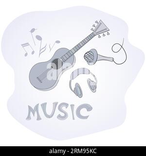 Iscrizioni musica, chitarra, cuffie, microfono e note musicali su sfondo bianco. Sfondo del motivo musicale astratto. Sfondo musicale per Illustrazione Vettoriale