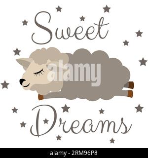iscrizione sogni dolci e la pecora dorme su uno sfondo bianco con le stelle. Illustrazione Vettoriale