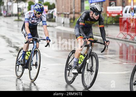 Merksem, Belgio. 27 agosto 2023. Il belga Stijn Siemons ha raffigurato in azione la corsa d'élite maschile allo Schaal Sels Merksem criterium di Merksem, Anversa, domenica 27 agosto 2023. BELGA PHOTO GOYVAERTS Credit: Belga News Agency/Alamy Live News Foto Stock