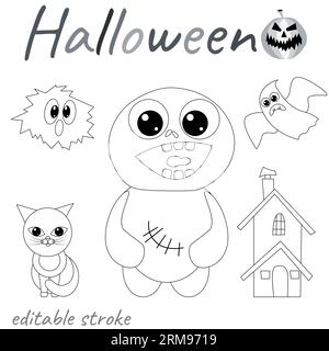 Buon Halloween. Set di bambole voodoo, gatti, case e fantasmi. Pagina da colorare di Halloween. I cartoni animati fantasiosi in bianco e nero sono perfetti per i libri da colorare. Illustrazione Vettoriale