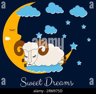 iscrizione di dolci sogni e di una pecora addormentata sullo sfondo della luna e delle stelle. Illustrazione Vettoriale