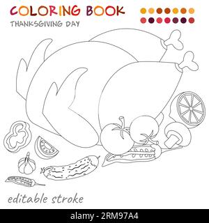 Giorno del Ringraziamento. tacchino e verdure arrosto. Modello da colorare per bambini e adulti. Per il relax e il riposo. Illustrazione Vettoriale