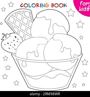 Gelato con waffle e fragole in un recipiente di vetro. Modello di colorazione rilassante. Illustrazione vettoriale modificabile. Illustrazione Vettoriale