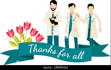 Grazie dottore e infermiere. Settimana nazionale degli infermieri. Medici e tulipani con nastro. Progettazione medica. Illustrazione vettoriale. Illustrazione Vettoriale