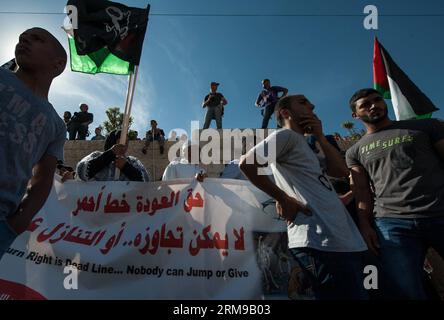 GERUSALEMME, 15 maggio 2014 - i manifestanti partecipano a una manifestazione che segna il 66° anniversario del Nakba Day, o giorno della catastrofe in arabo, una commemorazione annuale per il loro lamento sulla fondazione di Israele nel 1948 e il loro spostamento durante la guerra sulla sua scia, alla porta di Damasco nella città vecchia di Gerusalemme, il 15 maggio 2014. Un portavoce della polizia israeliana ha detto giovedì che cinque manifestanti sono stati arrestati durante la manifestazione non autorizzata qui giovedì. L'esercito israeliano ha ucciso due manifestanti e ne ha feriti altri dieci con munizioni vive durante gli scontri a seguito di una protesta che ha segnato il 66esimo AN Foto Stock