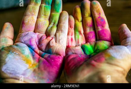 Mani con polveri colorate brillanti del festival dei colori dell'India, Holi Foto Stock