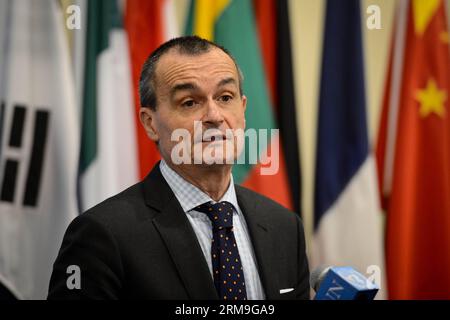 (140522) -- NEW YORK, 22 maggio 2014 (Xinhua) -- Gerard Araud, rappresentante permanente francese presso le Nazioni Unite, informa i giornalisti dei media dopo che il Consiglio di sicurezza ha votato un progetto di risoluzione sulla Siria, presso la sede delle Nazioni Unite a New York, il 22 maggio 2014. La Russia e la Cina, due membri permanenti del Consiglio di sicurezza delle Nazioni Unite, giovedì hanno usato il loro potere di veto su un progetto di risoluzione destinato a deferire la guerra civile siriana alla Corte penale internazionale (ICC). (Xinhua/Niu Xiaolei) CONSIGLIO DI SICUREZZA delle Nazioni Unite-SIRIA-RISOLUZIONE PUBLICATIONxNOTxINxCHN New York 22 maggio 2014 XINHUA Gerard Araud pe francese Foto Stock