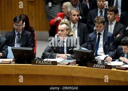 (140522) -- New York, 22 maggio 2014 (Xinhua) -- Gerard Araud (C), rappresentante permanente francese presso le Nazioni Unite, interviene davanti alle votazioni del Consiglio di sicurezza su un progetto di risoluzione sulla Siria, presso la sede delle Nazioni Unite a New York, il 22 maggio 2014. La Russia e la Cina, due membri permanenti del Consiglio di sicurezza delle Nazioni Unite, giovedì hanno usato il loro potere di veto su un progetto di risoluzione destinato a deferire la guerra civile siriana alla Corte penale internazionale (ICC). (Xinhua/Niu Xiaolei) CONSIGLIO DI SICUREZZA delle Nazioni Unite-SIRIA-RISOLUZIONE PUBLICATIONxNOTxINxCHN New York 22 maggio 2014 XINHUA Gerard Araud C francese permanentemente R Foto Stock