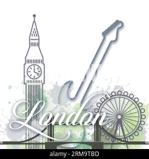 Poster di viaggio ad acquerello di Londra con schizzi di vernice Illustrazione Vettoriale