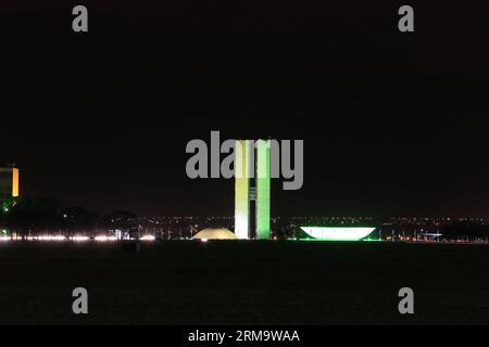 (140603) -- BRASILIA, 2 giugno 2014 (Xinhua) -- la foto scattata il 2 giugno 2014 mostra una vista dell'edificio del Congresso Nazionale brasiliano decorato con luce verde e gialla, i colori del Brasile, in onore della Coppa del mondo 2014 a Brasilia, Brasile. (Xinhua/DIDA SAMPAIO/ESTADAO CONTEUDO/AGENCIA ESTADO) (rt) (SP)BRASILE-BRASILIA-WORLD CUP 2014-LIGHTING PUBLICATIONxNOTxINxCHN Brasilia 2 giugno 2014 XINHUA foto scattata IL 2 giugno 2014 mostra una veduta del Palazzo del Congresso Nazionale brasiliano decorato con luce verde e gialla i colori del Brasile IN ONORE della Coppa del mondo 2014 a Brasilia Brasile XINHUA Sampai Foto Stock
