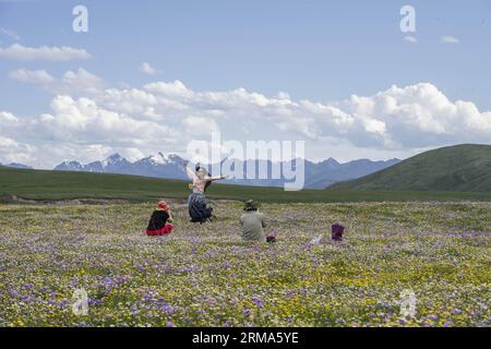 (140619) -- HONGYUAN, 19 giugno 2014 (Xinhua) -- i turisti si pongono per delle foto tra i fiori sul pascolo di Emutang nel comune di Rangkou della contea di Hongyuan, nella provincia del Sichuan della Cina sud-occidentale, 19 giugno 2014. (Xinhua/Jiang Hongjing) (lfj) CHINA-SICHUAN-HONGYUAN-FLOWERY PASTURE (CN) PUBLICATIONxNOTxINxCHN Hongyuan 19 giugno 2014 XINHUA turisti posa per foto tra i fiori SUL pascolo nel comune della contea di Hongyuan nella provincia di Sichuan nella Cina sud-occidentale 19 giugno 2014 XINHUA Jiang Hongjing Cina Sichuan Foto Stock