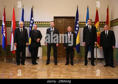 Presidente croato Ivo Josipovic, Presidente austriaco Heinz Fischer, Presidente della Presidenza bosniaca Bakir Izetbegovic, maggiore di Sarajevo Ivo Komsic, Presidente del Montenegro Filip Vujanovic e Presidente macedone Dorge Ivanov (da L a R) posa per una foto dopo un concerto eseguito dall'Orchestra Filarmonica di Vienna a Sarajevo City il 28 giugno 2014 per celebrare il 100° anniversario dello scoppio della prima guerra mondiale (Xinhua/Haris Memija) (zjl) BOSNIA-ERZEGOVINA-SARAJEVO-WWI 100TH ANNIVERSARY-LEADERS PUBLICATIONxNOTxINxCHN Presidente croato Ivo Josipovic Presidente austriaco Heinz Fischer CH Foto Stock