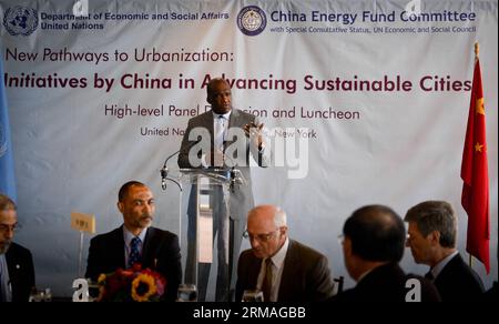 (140708) -- NEW YORK, 8 luglio 2014 (Xinhua) -- il presidente dell'Assemblea generale delle Nazioni Unite John Ashe, parla durante una discussione di alto livello e un pranzo sull'urbanizzazione sostenibile in Cina, presso la sede dell'ONU a New York, l'8 luglio 2014. I funzionari delle Nazioni Unite hanno affermato martedì che gli sforzi della Cina per seguire il nuovo percorso verso un'urbanizzazione sostenibile, incentrata sull'uomo e rispettosa dell'ambiente, andranno a beneficio sia del paese che del mondo. (Xinhua/Niu Xiaolei) un-NEW YORK-DISCUSSION-CHINA-URBANIZATION PUBLICATIONxNOTxINxCHN New York 8 luglio 2014 parla il presidente dell'Assemblea generale delle Nazioni Unite di XINHUA John Ashe Foto Stock