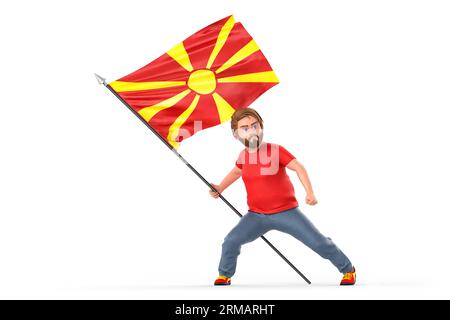 Uomo che porta con orgoglio la bandiera della Macedonia del Nord. Isolato su sfondo bianco. Rendering 3D. Foto Stock