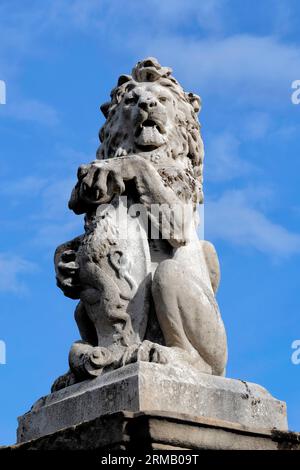 Un leone controlla il cancello d'ingresso a Crewe Hall Foto Stock