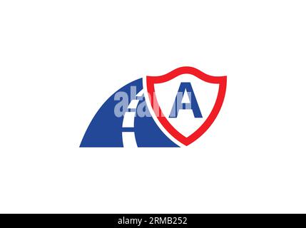 Lettera A con il logo della strada cantata. Il concetto di design creativo per la manutenzione e la costruzione di autostrade. Logo stradale Design simbolo del cartello di trasporto Illustrazione Vettoriale