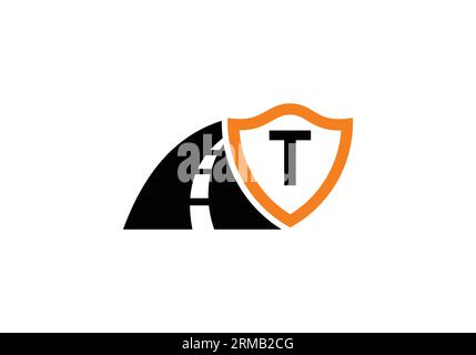 Lettera T con logo della strada. Il concetto di design creativo per la manutenzione e la costruzione di autostrade. Logo stradale Design simbolo del cartello di trasporto Illustrazione Vettoriale