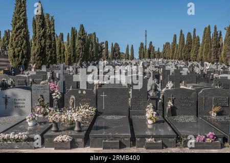 Tombe, pantheon e cipressi nei romantici cortili del cimitero, città di Guadalajara, costruzione dichiarata patrimonio dell'umanità. Spagna Foto Stock