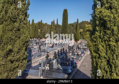 Tombe, pantheon e cipressi nei romantici cortili del cimitero, città di Guadalajara, costruzione dichiarata patrimonio dell'umanità. Spagna Foto Stock