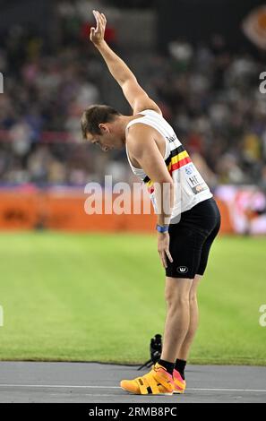 Budapest, Ungheria. 27 agosto 2023. Il belga Timothy Herman nella foto durante la finale del lancio del giavellotto ai Campionati mondiali di atletica leggera di Budapest, in Ungheria, domenica 27 agosto 2023. I Mondi si svolgeranno dal 19 al 27 agosto 2023. BELGA PHOTO ERIC LALMAND Credit: Belga News Agency/Alamy Live News Foto Stock