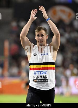 Budapest, Ungheria. 27 agosto 2023. Il belga Timothy Herman nella foto durante la finale del lancio del giavellotto ai Campionati mondiali di atletica leggera di Budapest, in Ungheria, domenica 27 agosto 2023. I Mondi si svolgeranno dal 19 al 27 agosto 2023. BELGA PHOTO ERIC LALMAND Credit: Belga News Agency/Alamy Live News Foto Stock