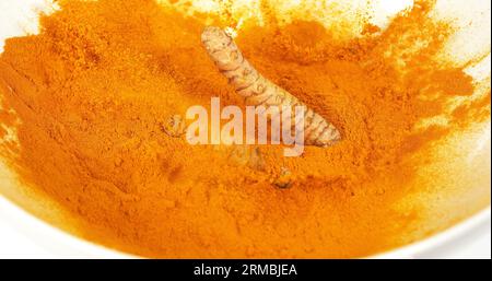 Curcuma, curcuma longa, Root Falling on Curcuma Powder, Indian Spice Foto Stock