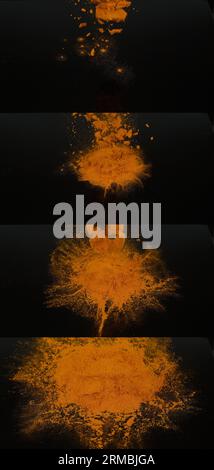 Curcuma, curcuma longa, polvere che cade su sfondo nero, Indian Spice Foto Stock
