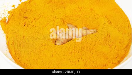 Curcuma, curcuma longa, Root Falling on Curcuma Powder, Indian Spice Foto Stock