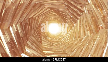 Un tunnel di metallo dorato rotante con pareti di nervature e linee a forma di ottagono con riflessi di raggi luminosi. Sfondo astratto. Foto Stock