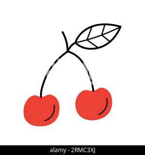 Ciliegia con ramoscello e foglia. Icona di frutta disegnata a mano. Illustrazione vettoriale isolata in stile linea di doodle. Illustrazione Vettoriale