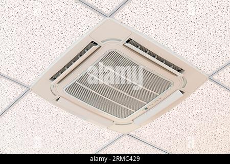 Unità cassetta a soffitto, unità interna dell'aria condizionata installata nel soffitto. Rendering 3D. Foto Stock