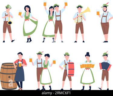 Giovani personaggi dell'oktoberfest, bavaresi bavaresi balli e bevono birra. Festa tedesca, costume tradizionale da donna. Vettore recente cartone animato Illustrazione Vettoriale