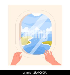 Finestra aperta dell'aereo con vista mare. Passeggero seduto vicino alla finestra, persone in viaggio illustrazioni vettoriali di cartoni animati Illustrazione Vettoriale