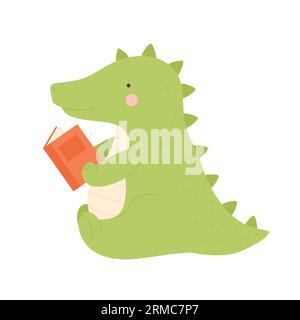 Grazioso coccodrillo verde che legge un libro di storie. Piccolo alligatore che acquisisce conoscenza illustrazioni vettoriali di cartoni animati Illustrazione Vettoriale