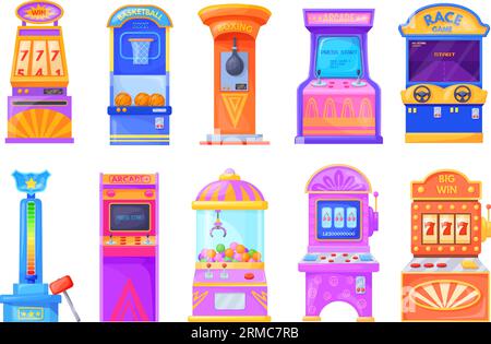 Macchine per il divertimento. Macchinetta per giochi di cartoni animati, parco divertimenti per bambini, videogiochi, boxe, pallacanestro, gioco d'azzardo, slot machine, illustrazione vettoriale di intrattenimento per giochi di cartoni animati Illustrazione Vettoriale