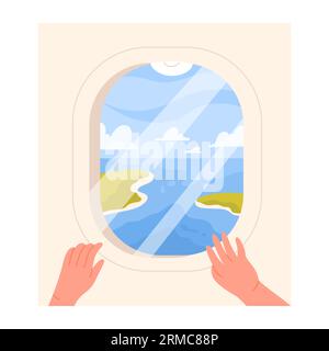 Finestra aperta dell'aereo con vista mare. Passeggero seduto vicino alla finestra, persone in viaggio illustrazioni vettoriali di cartoni animati Illustrazione Vettoriale
