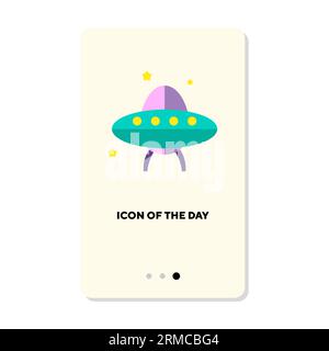 Icona piatta di un cartone animato rosa e verde UFO o di una nave aliena Illustrazione Vettoriale