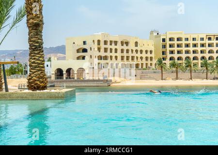 I turisti nuotano nella piscina della laguna del resort in Giordania, Medio Oriente, al Manara, Luxury Collection Hotel, Foto Stock