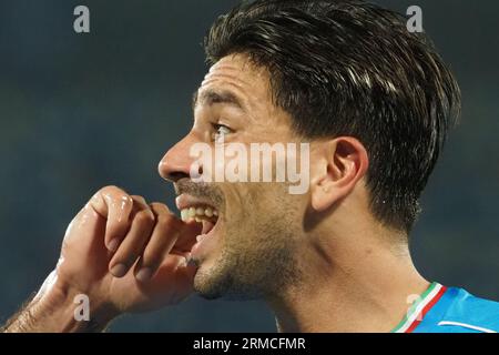 Napoli, Italia. 27 agosto 2023. Giovanni Simeone giocatore del Napoli, durante la partita del campionato italiano di serie A tra Napoli e Sassuolo risultato finale, Napoli 2, Sassuolo 0, partita giocata allo stadio Diego Armando Maradona. Crediti: Vincenzo Izzo/Alamy Live News Foto Stock