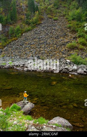 Pesca con la mosca, Lochsa Wild and Scenic River, Clearwater National Forest, Northwest Passage Scenic Byway, Idaho Foto Stock