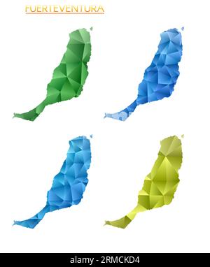 Serie di mappe poligonali vettoriali di Fuerteventura. Mappa dell'isola con gradiente luminoso in basso stile polietilene. Illustrazione Vettoriale