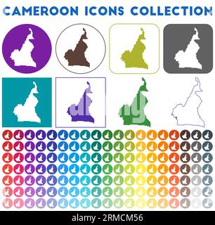 Collezione di icone del Camerun. Icone luminose, colorate e alla moda delle mappe. Simbolo Camerun moderno con mappa del paese. Illustrazione vettoriale. Illustrazione Vettoriale