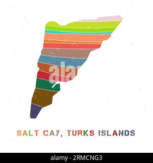 Salt Cay, mappa delle isole turche. Forma dell'isola con bellissime onde geometriche e texture grunge. Illustrazione vettoriale di raffreddamento. Illustrazione Vettoriale