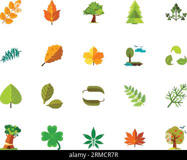 Set di icone alberi e foglie Illustrazione Vettoriale