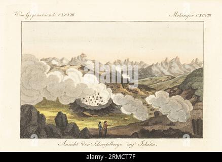 Vista sul monte Sulphur o su Brennisteinsfjöll, Islanda. Scienziati scozzesi che guardano le eruzioni vulcaniche. Copiato da un'illustrazione del geologo scozzese Sir George Steuart Mackenzie nel suo viaggio nell'isola d'Islanda, 1811. Ansicht der Schwefelberge auf Island. Incisione in copperplate a mano da Carl Bertuch's Bilderbuch fur Kinder (Picture Book for Children), Weimar, 1815. Un'enciclopedia in 12 volumi per bambini illustrata con quasi 1.200 tavole incise su storia naturale, scienza, costume, mitologia, ecc., pubblicato dal 1790-1830. Foto Stock