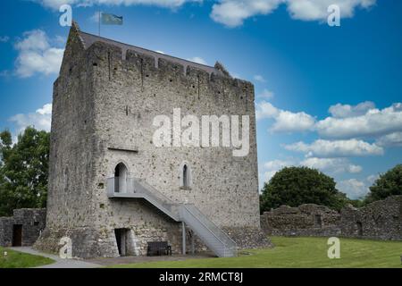 Vista aerea della torre del castello di Athenry, casa spettacolare a tre piani, edificio a pianta rettangolare di grandi dimensioni con g Foto Stock