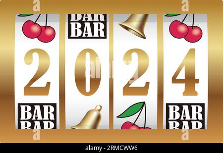 Il segnale dell'anno 2024 mostrato sulle bobine di slot machine per festeggiare il nuovo anno. Illustrazione vettoriale isolata su sfondo bianco. Illustrazione Vettoriale
