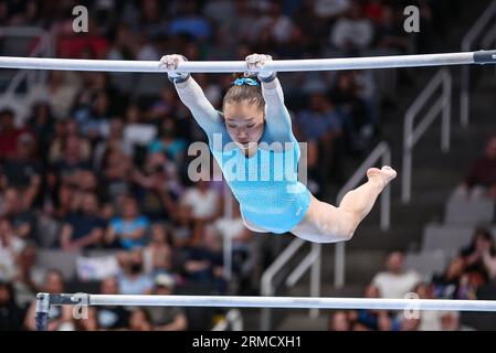 27 agosto 2023: Katelyn Jong gareggia sulle irregolari parallele bar durante il Woman's Day 2 dei campionati statunitensi di ginnastica 2023 al SAP Center di San Jose, CALIFORNIA. Kyle Okita/CSM Foto Stock