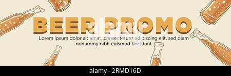 bottiglia di birra disegnata a mano volante per il modello promozionale della birra. vettore del modello di banner promozionale Illustrazione Vettoriale